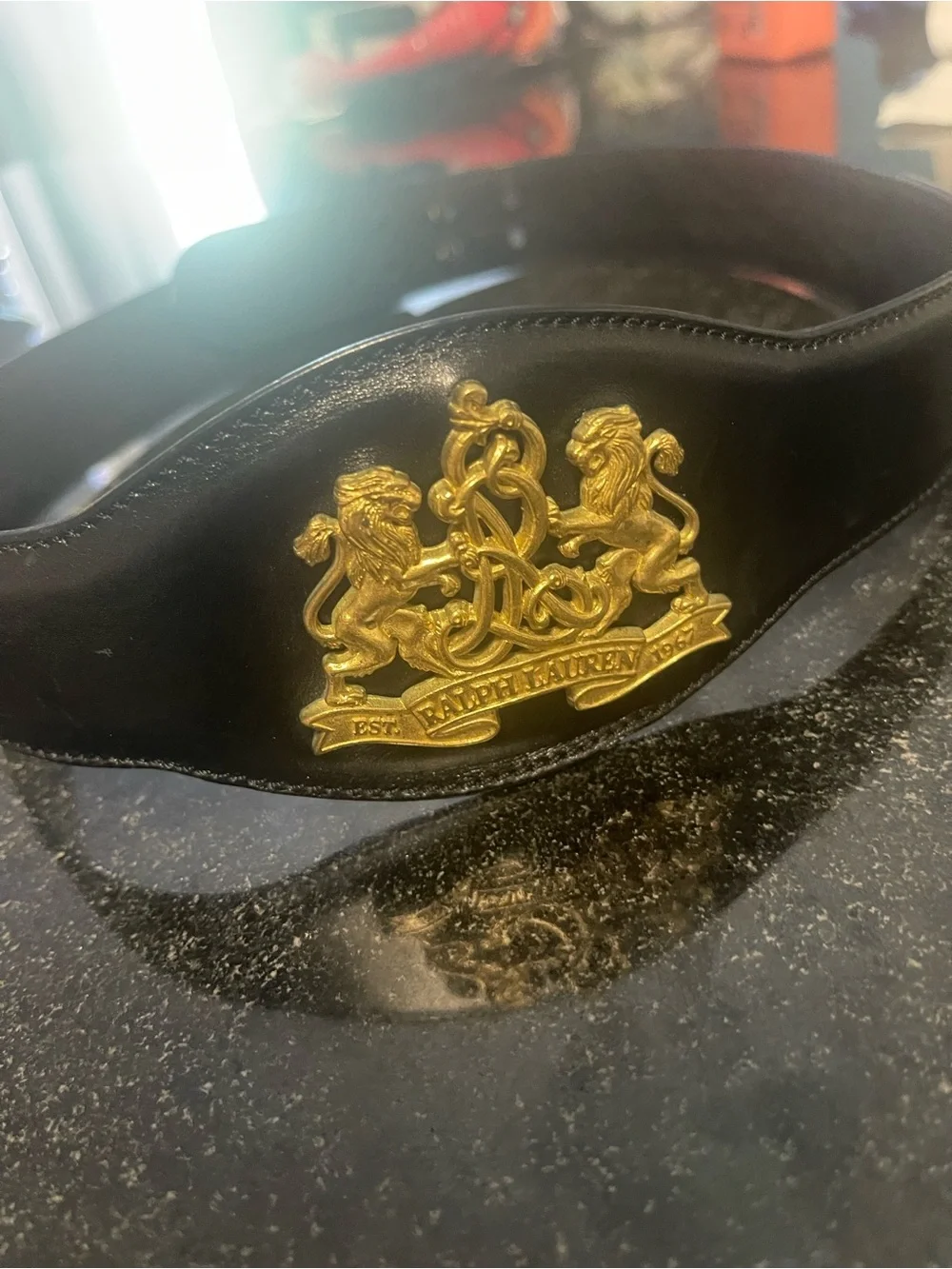 Ralph Lauren Blk Leather Belt with Gold Crest Emblem made in Italy size 30 RARE